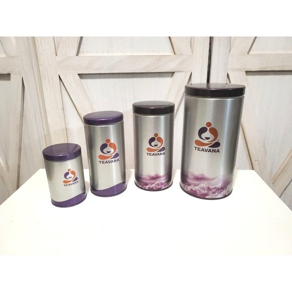 Teavana Kitchen Teavana Tea Storage Tin Set Airtight Canisters With Purple Lids 8 7 6 4 Inch
